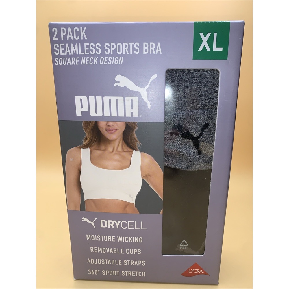 New Puma Women's 2 Pack Square Neck Seamless Wicking Sports Bra Black/Gray  XL